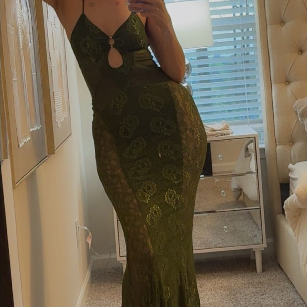 Fashion Nova Olive Lace Maxi Dress with Front Keyhole